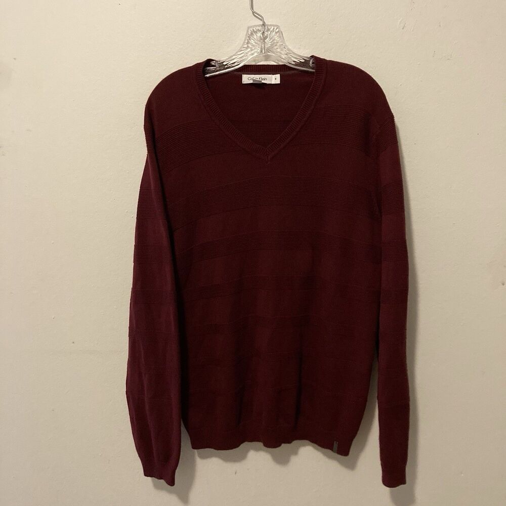 CALVIN KLEIN maroon striped v-neck long sleeve pullover sweater M - Picture 1 of 9